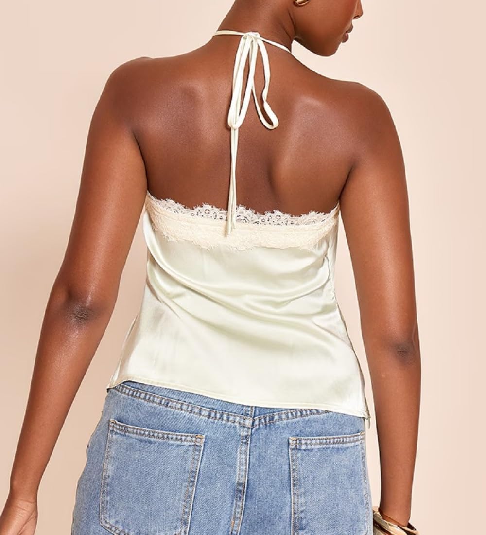 Women Lace Trim Satin Halter Top Tie Backless Silk Cami Criss Cross Halter Tank Top Sexy Going Out Tops