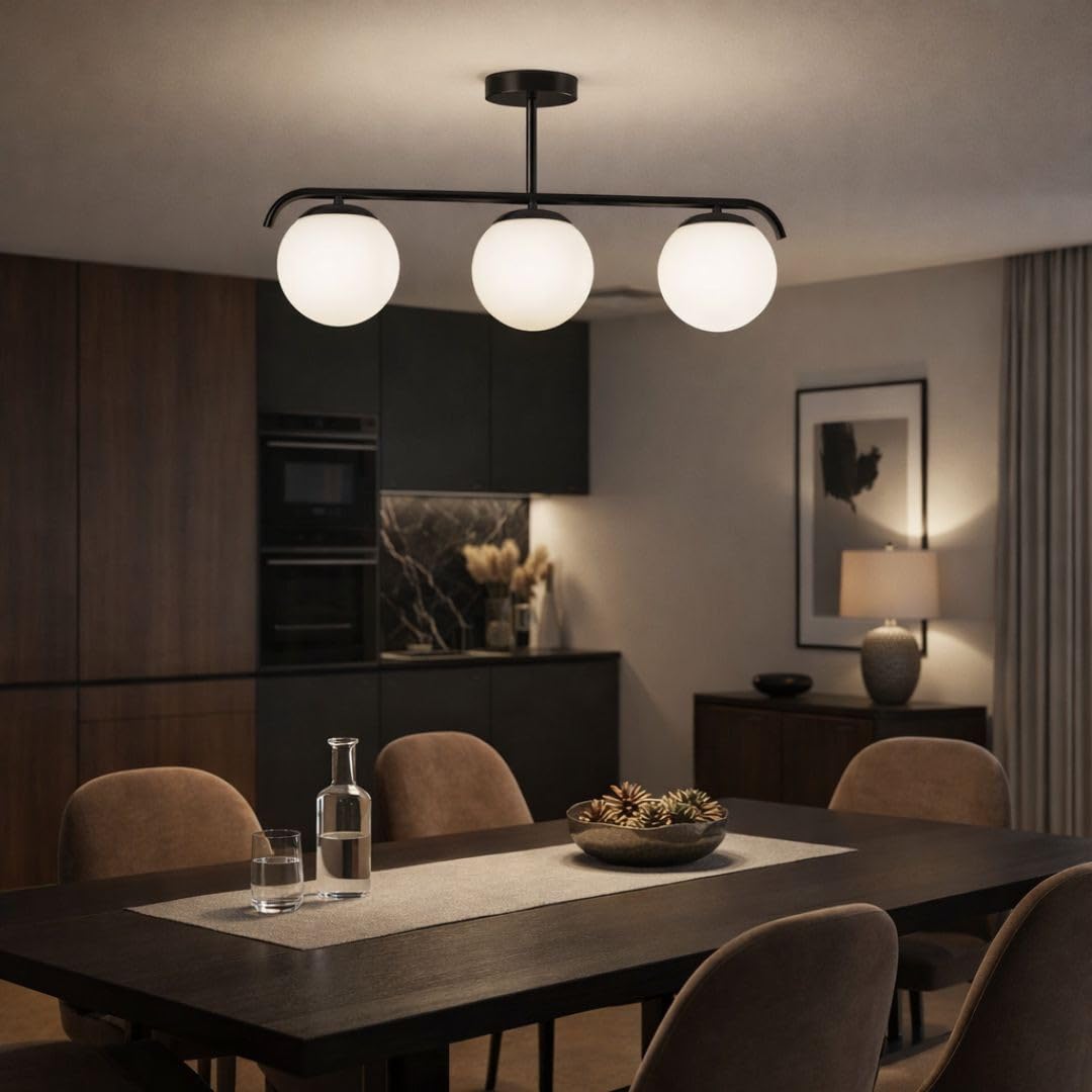 B·LED BARCELONA LED Lampada da Soffitto “Talí” con 3 Sfere in Vetro Opalino – Stile Nordico Minimal – 3xE27 – Struttura in Metallo Nero – Illuminazione Diffusa per Soggiorno, Sala da Pranzo o Camera