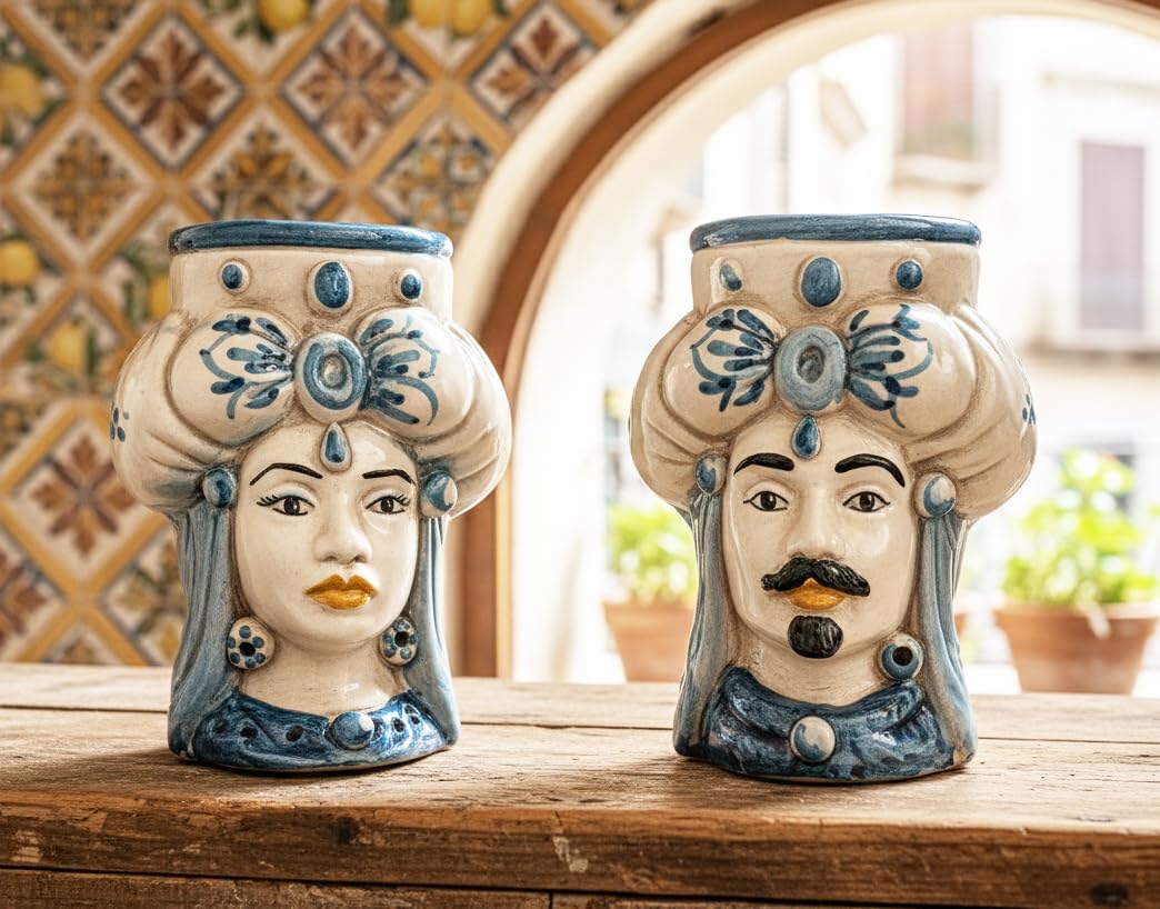 Coppia teste di moro in ceramica siciliana di Caltagirone realizzate e decorate a mano artigianalmente art. rotondo (BLU)