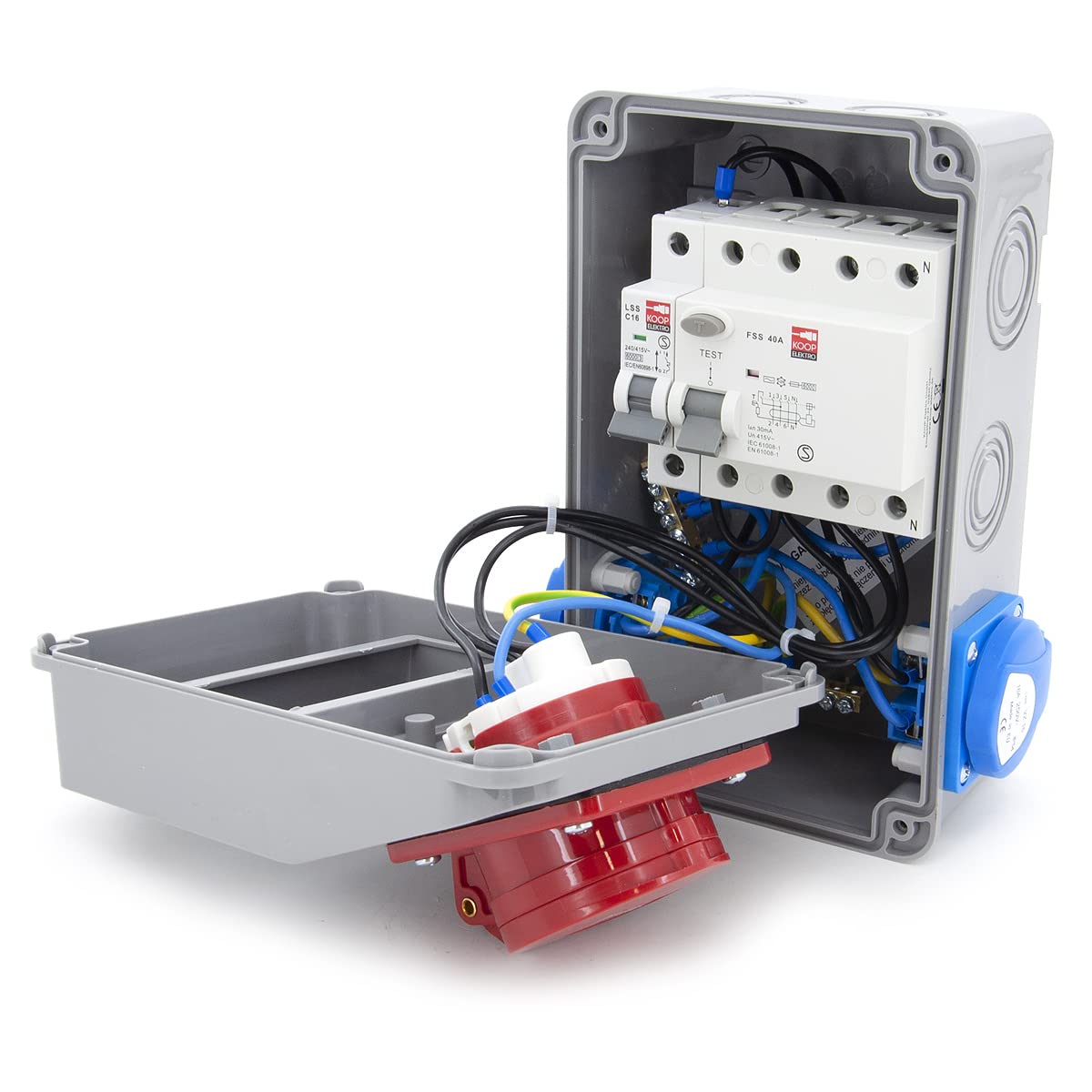 ELS Elektrotechnika Steckdosenverteiler Baustromverteiler Wandverteiler Schuko 2x230V + Sicherungen Leitungsschutzschalter 1x LS C16 + Fehlerstromschutzschalter FI 40/4/0.03A Verdrahtet Anschlußfertig