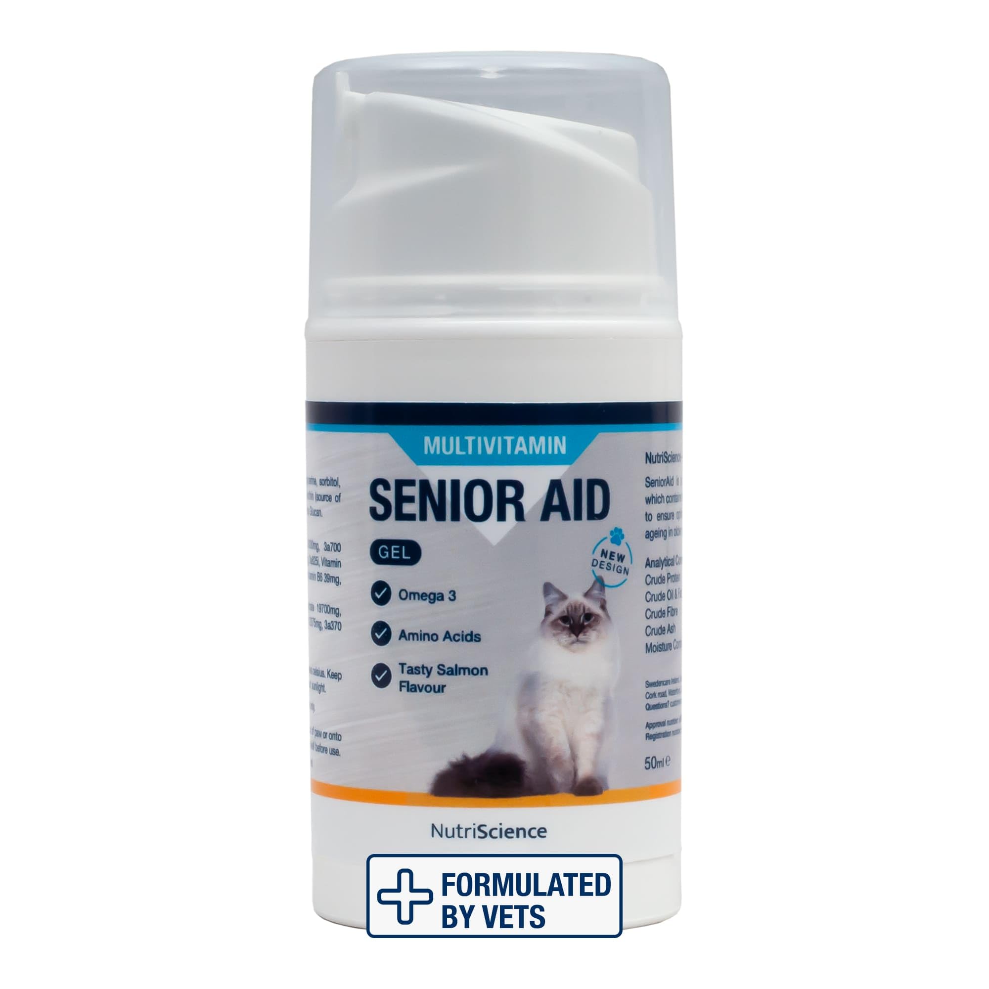 NutriScience Senior Aid Cat Gel – 150ml Senior Cat Supplement – Supports Cognitive Function, Joint Health, Immunity & Heart – With Glucosamine, Omega 3, L-Carnitine – Easy Daily Pump