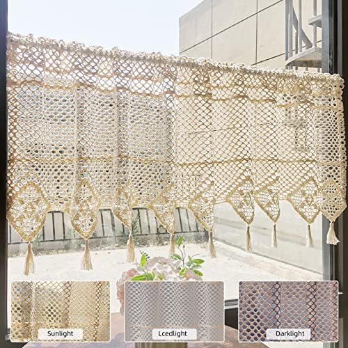 Sfj-Ca Crochet Window Valance 18 Inches Macrame Kitchen Curtain Valance With Tassels Rod Pocket Farmhouse Vintage Window Treatment Decoration, 1 Panel #TOP1