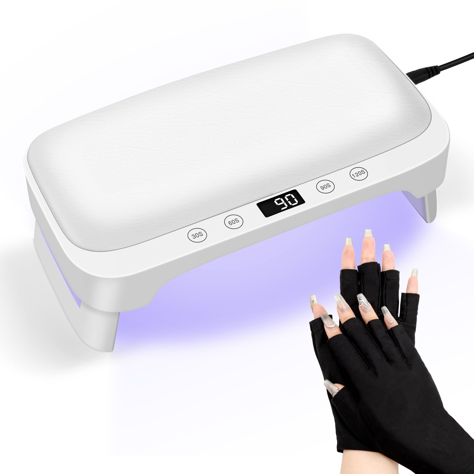 Lampada UV per Unghie con Bracciolo e Guanti UV: Professionale LED Lampada per Unghie, 4 Timer Asciugatrice Pieghevole con Poggiamano per Unghie Smalto Gel per Casa e in Salone, Bianco