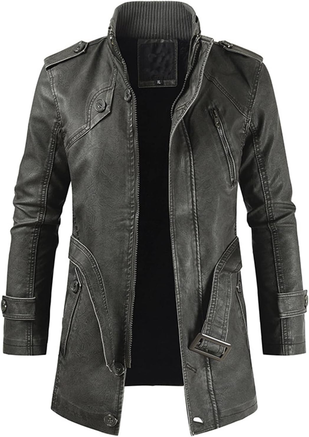 Mid-Length PU Leather Jacket Men's Casual Fashion Trench Coat with Belt Design for Everyday Wear (Color : Brown, Size : Large)