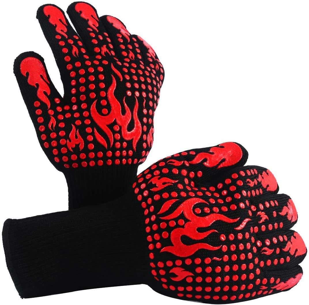 YELUN BBQ Grill Gloves - 932°F Extreme Heat Resistant Oven Mitts with 100% Cotton Lining - EN407 Certified Protective Grill Gloves, Barbecue Gloves, Oven Gloves, Kitchen Gloves, Cooking Gloves & Baking Gloves - Set of 2 (RED No.3)