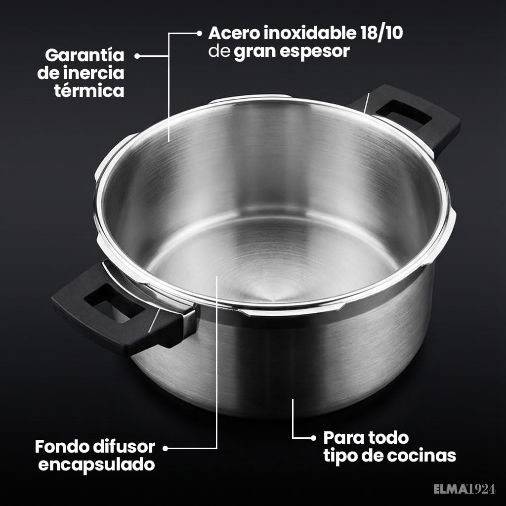 ELMA Set de 2 Ollas a Presión Prêst 4+6 L | Acero Inoxidable 18/10, Fondo Encapsulado Apto Inducción, 2 Modos de Cocción, Triple Sistema de Seguridad, Tapa de Cristal Incluida
