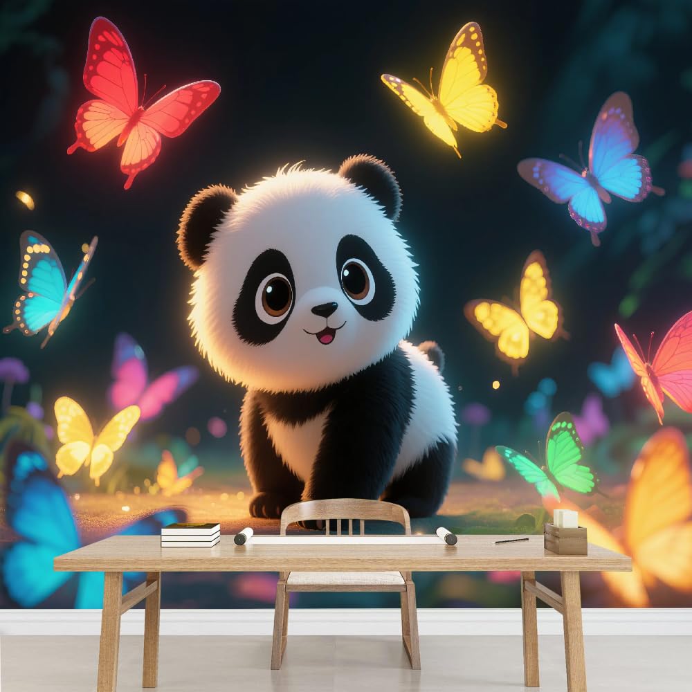 Papier peint 3D panda et papillon géant de 495x353cm pour salon et décoration murale