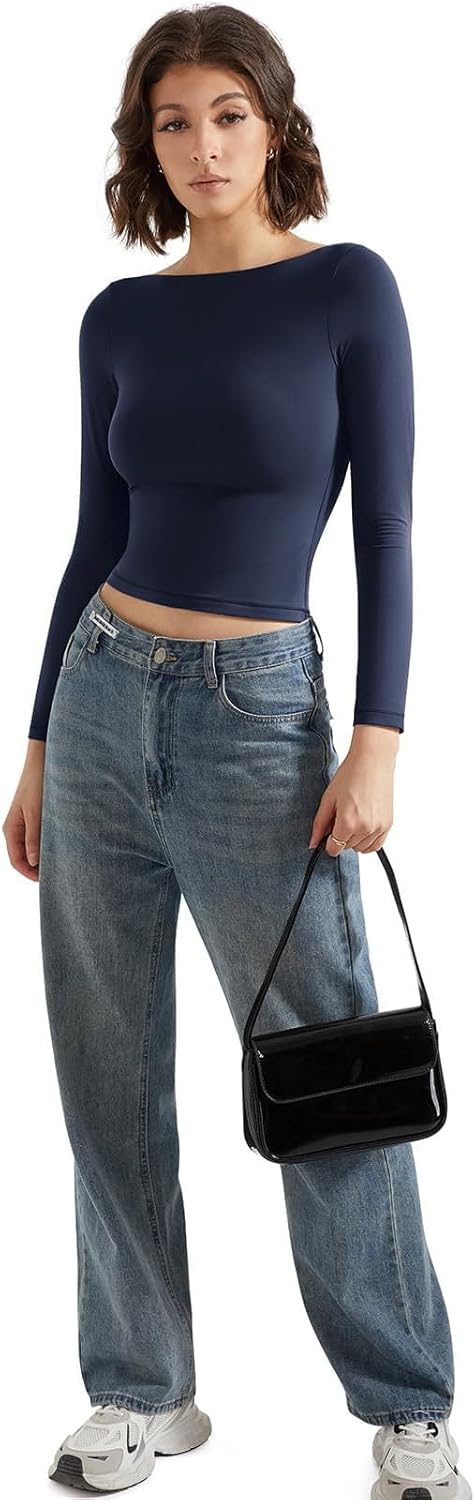 Women Double Lined Fitted Basic T Shirts Boat Neck Long Sleeve Crop Top