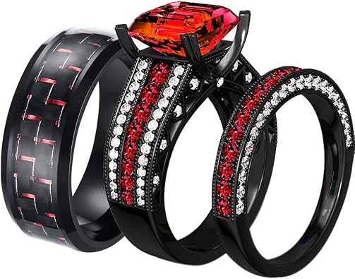 2 Rings His and Hers Couple Rings Black Gold Filled Womens Wedding Ring Sets Princess cut Green Cz Titanium Steel Mens Ring