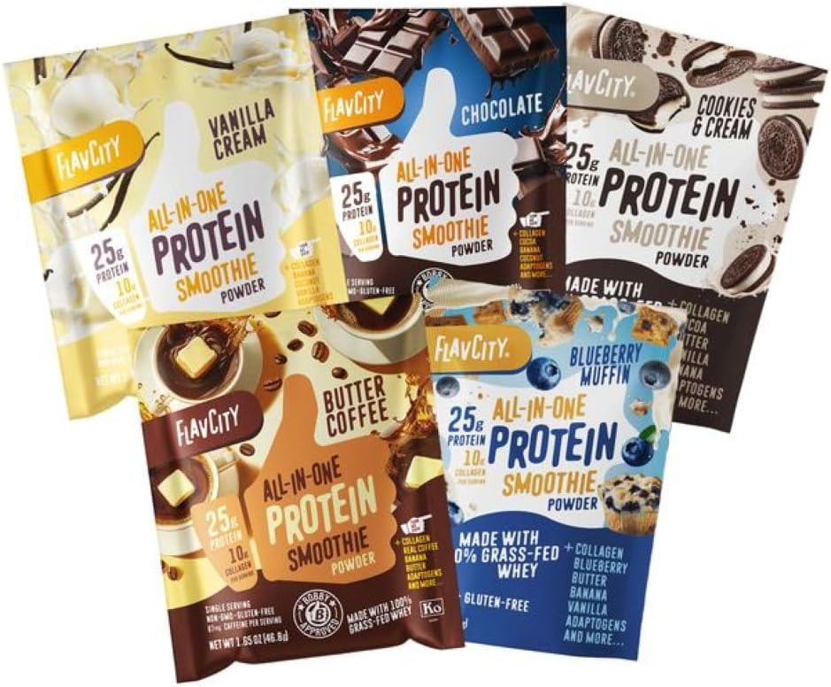 FlavCity All in One Protein Shake Powder Packets - On the Go Meal Alternative + 25g Protein & 10g Collagen, Made with Organic Reishi & Cordyceps Mushrooms - No Added Sugars, Variety 10 Pack
