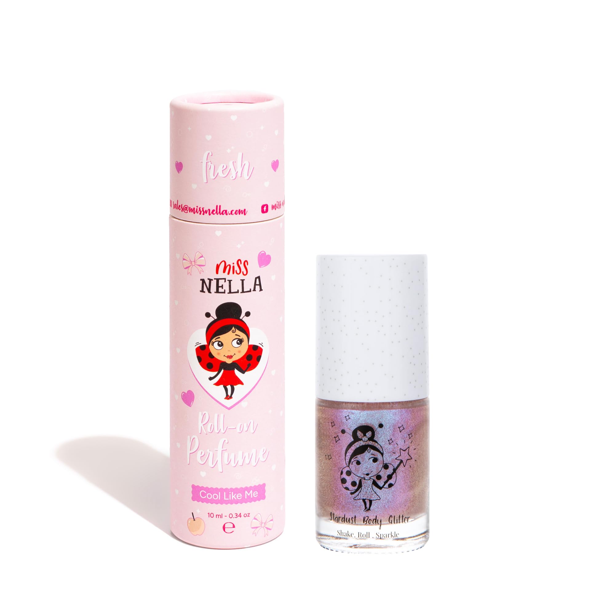 Miss Nella Rock n' Roll Duo Set, Roll-on Parfüm und Body Glitter für Kinder, 10 ml Parfüm und 15 ml Glitzer, Erhältlich in rosa und lila (Purple)