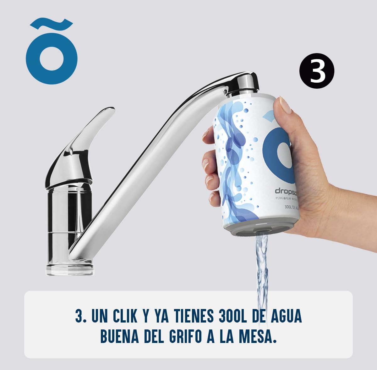 Lata filtrante DROPSON - Filtro de agua para grifo, membrana de microfiltración 100% natural, 300 litros de agua filtrada, monitorizable con smartphone, llena una jarra de 1L en 1 min.