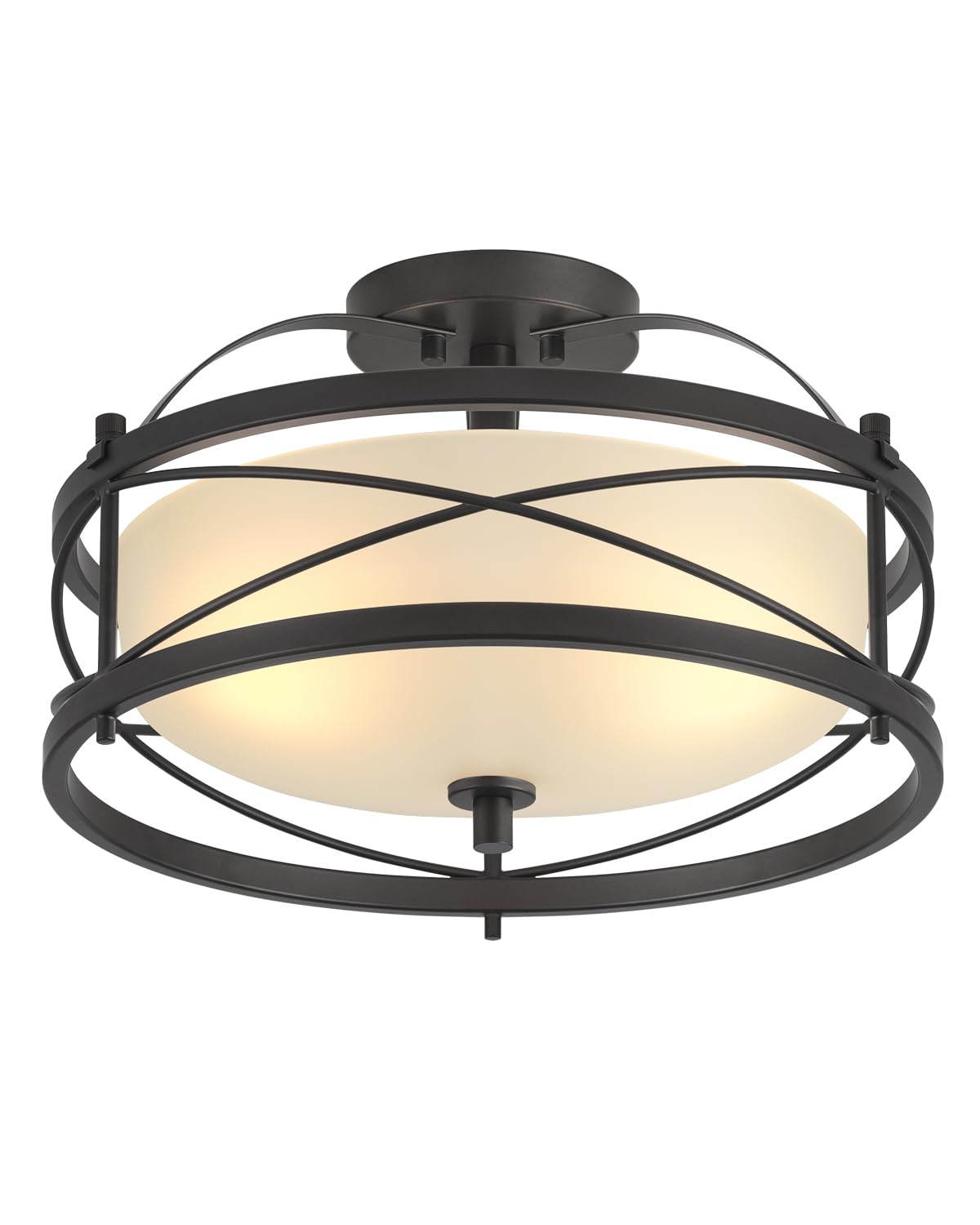Entryway Drum Light Fixtures, Semi-Flush Mount Rustic Ceiling Light for Hallway Living Room Bedroom Kitchen (Black)