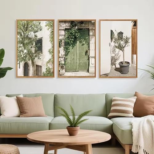 ZHUOYA Retro Italian City Scenery Mediterranean Style Door and Wall Decoration, Olive Green City Landscape Painting Poster(30X50X3cm/Frameless)
