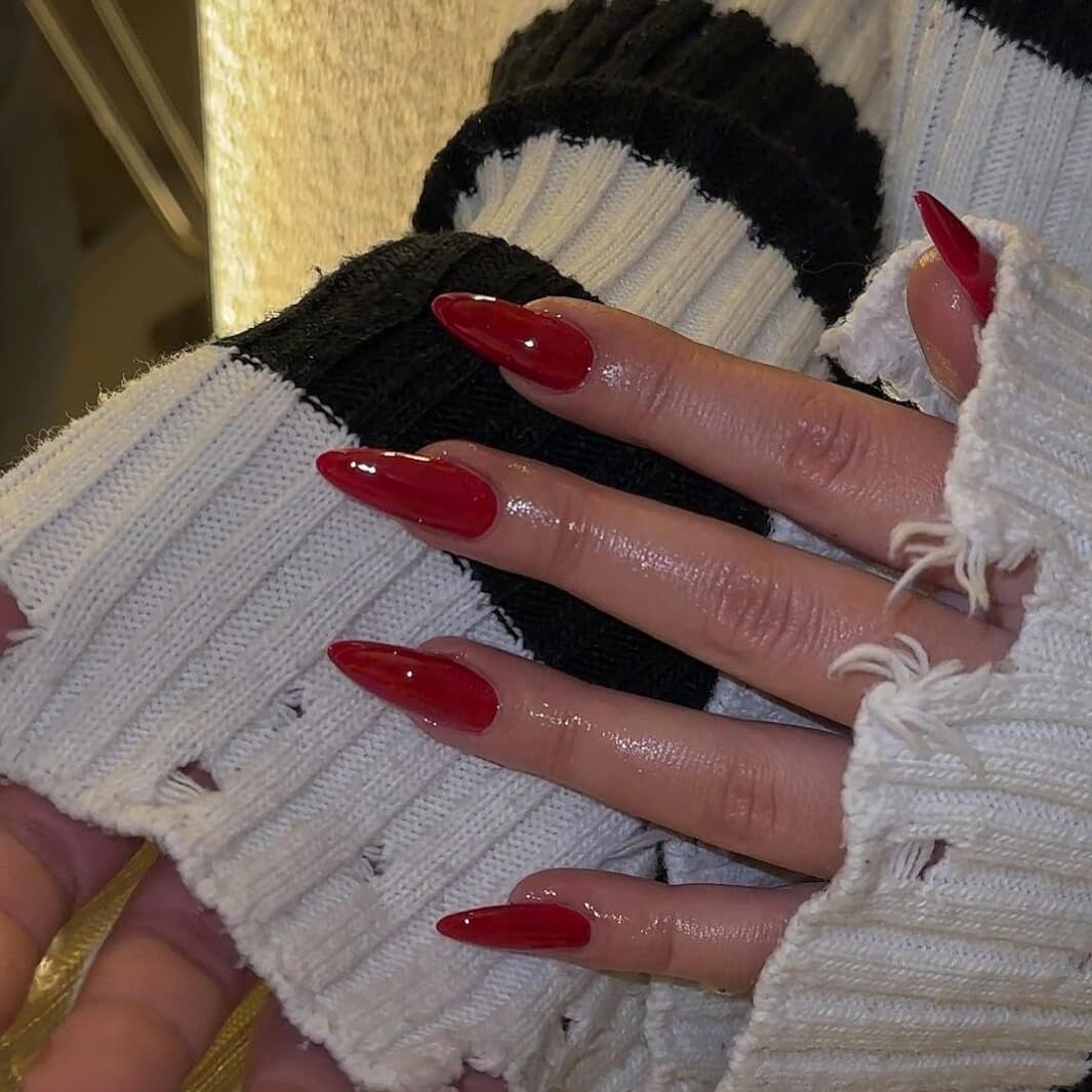 KQueenest Soft Gel Press on Nails Almond Medium, Red False Nails Almond, Glossy Solid Wine Red Fake Nails Set - Image 3