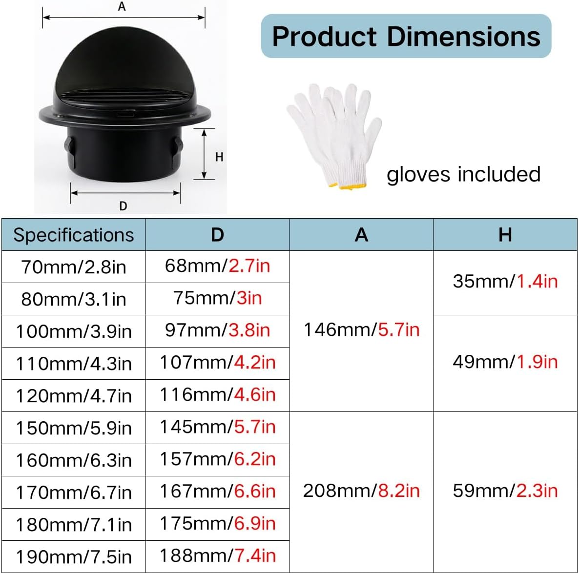 6 Inch Black Wall Vent Cover, 304 Stainless Steel Outside Dryer Exhaust Hood, 3" 4" 5" Metal Soffit Vents Grille, Air Screen Mesh Plate, Quick Snap Insert Install with Free Gloves(190mm/7.5in)