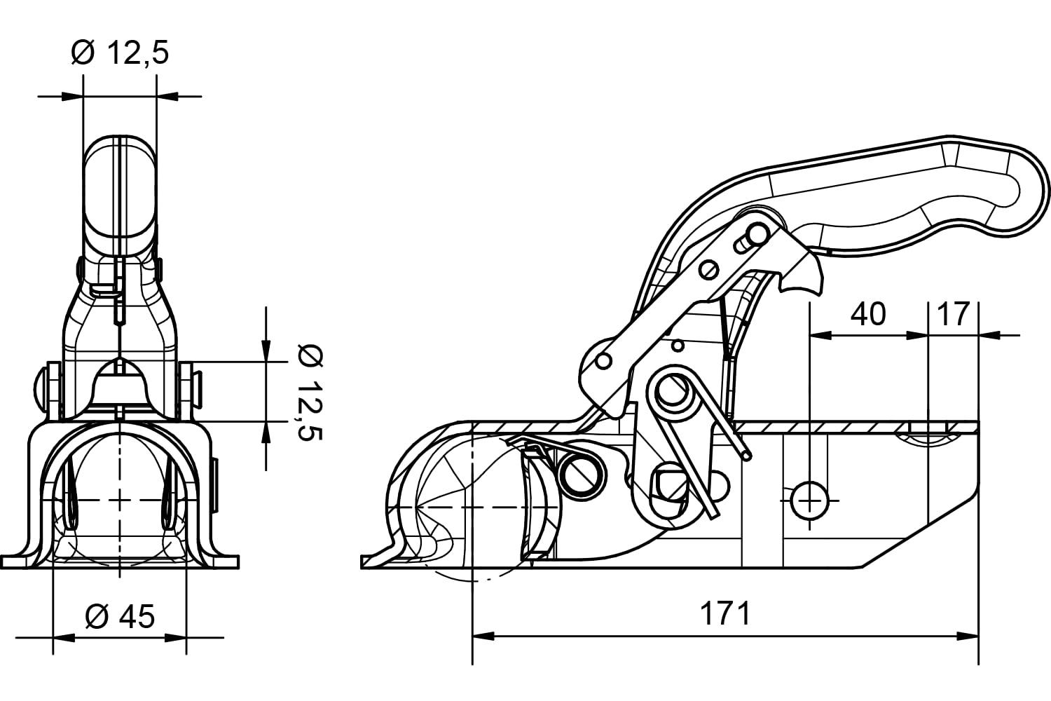 Knott Enganche de Bola KK14-B 1400 kg para Remolque con Lanza Tubular de 45 mm, Acoplamiento Estable con Carga Vertical de 100 kg para Transporte Seguro Uso Diario manejo Estable