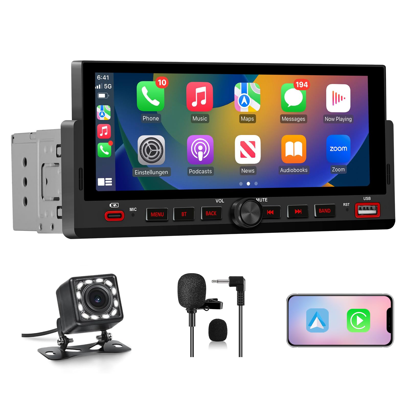 AWESAFE Autoradio Carplay 1 DIN avec CarPlay & Android Auto/6.86" Écran HD/FM, USB/Type-C/Caméra de Recul/Commande Vocale