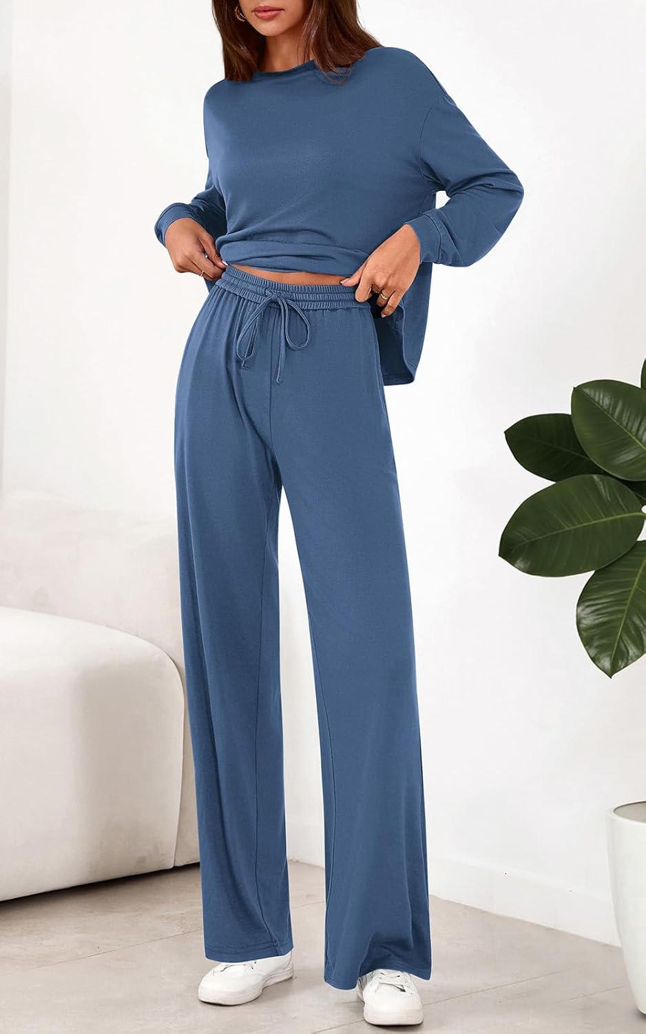 PRETTYGARDEN Womens 2 Pieces Lounge Sets Crewneck Long Sleeve Wide Leg Drawstring Pants Tracksuits Loose Fit Outfits Set - Image 4