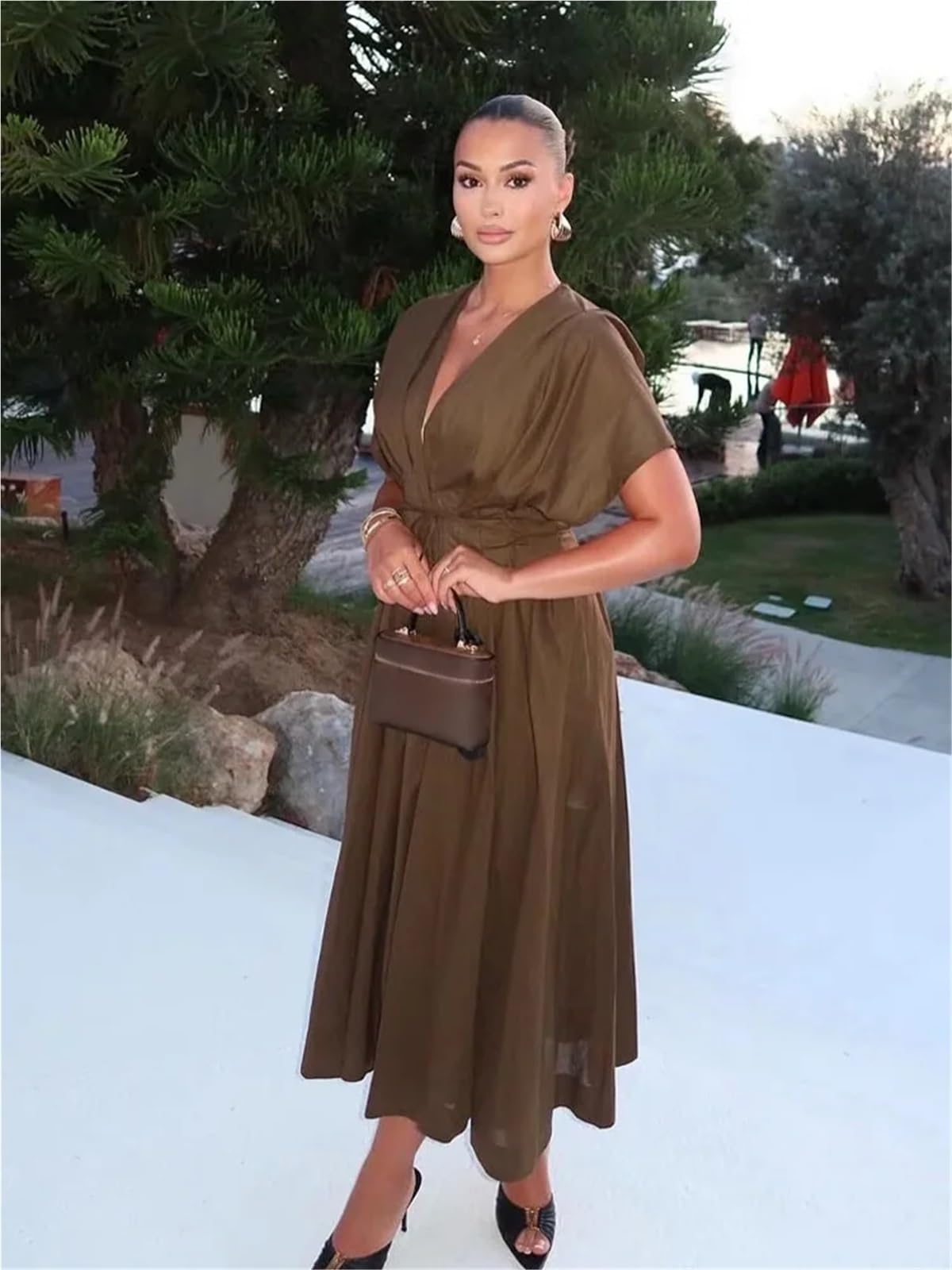 Vestido de Playa Verano Mujer Encaje Plisado diseño un Solo Pecho Midi Mujeres Manga Corta Elegante Delgado