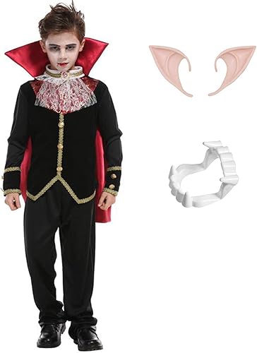 Disfraz de vampiro para niños con dientes y orejas realistas, capa gótica, traje real para Halloween