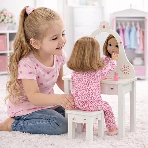 Miniatura 3 de Emily Rose Juego de muebles de tocador para muñecas de 18 pulgadas, tocador y silla de madera con almacenamiento, mesa de maquillaje para muñecas