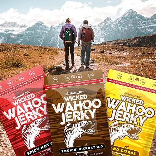 Wahoo Ono Fish Jerky Variety Sampler - Smokin' Hickory O.g, Island Citrus, And Spicy Chili - Smoky, Zesty, And Spicy Umami Flavors - Artisan Crafted By Kaimana Jerky - Organic Gourmet Smoked Dried Fish Strips Rich In Omega-3 & Protein - Low-Calorie Seafood Snack With Low Sodium & Sugar - 2 Ounce (Pack Of 3) #TOP6
