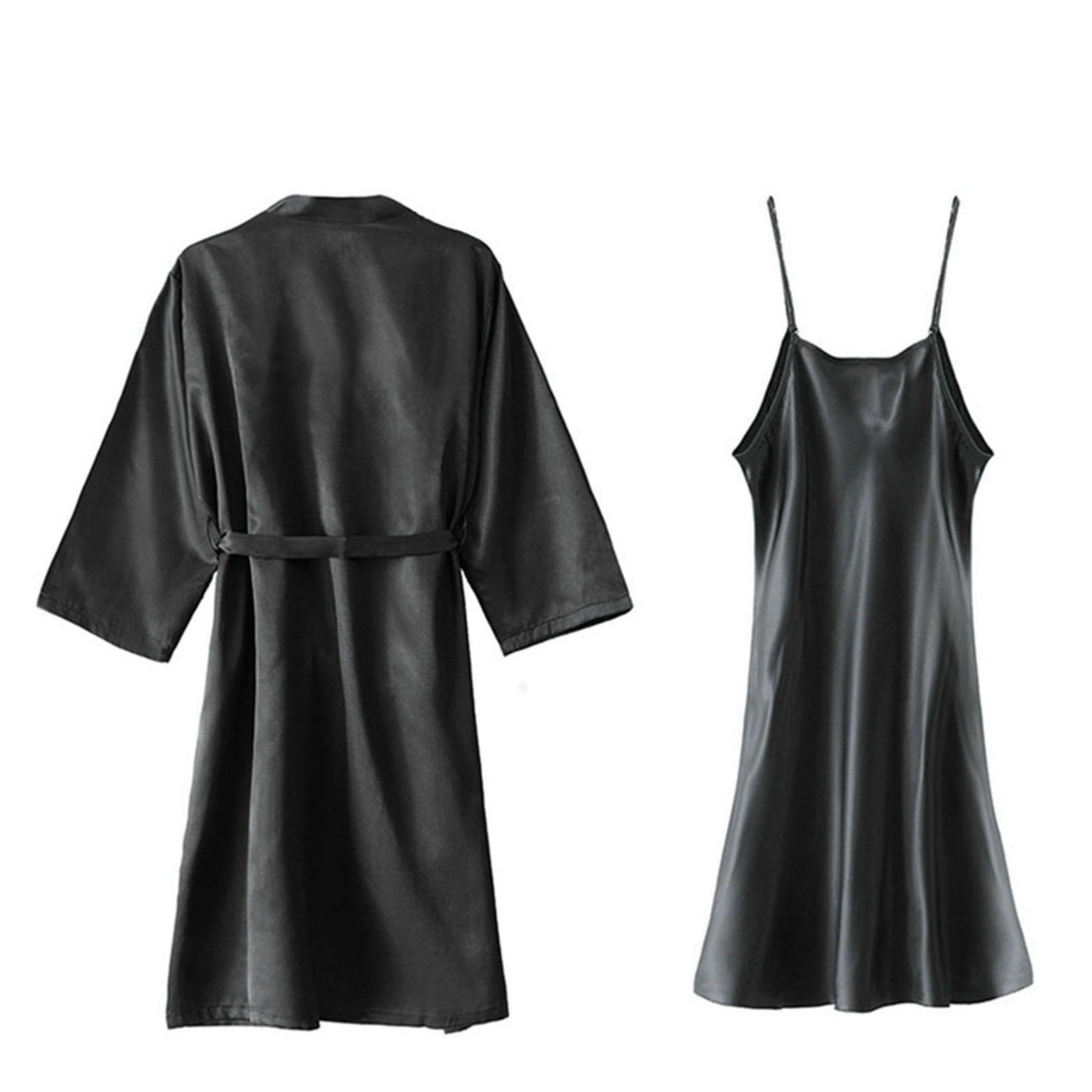 Brautmorgenmäntel Langer Frühling Und Sommer Simuliertes Seide Bestickter Dressing, Brautbrautjungfern Hochzeit Nachthemd-langarmes Schwarz Ohne Worte - Mit Nachthemd-XL