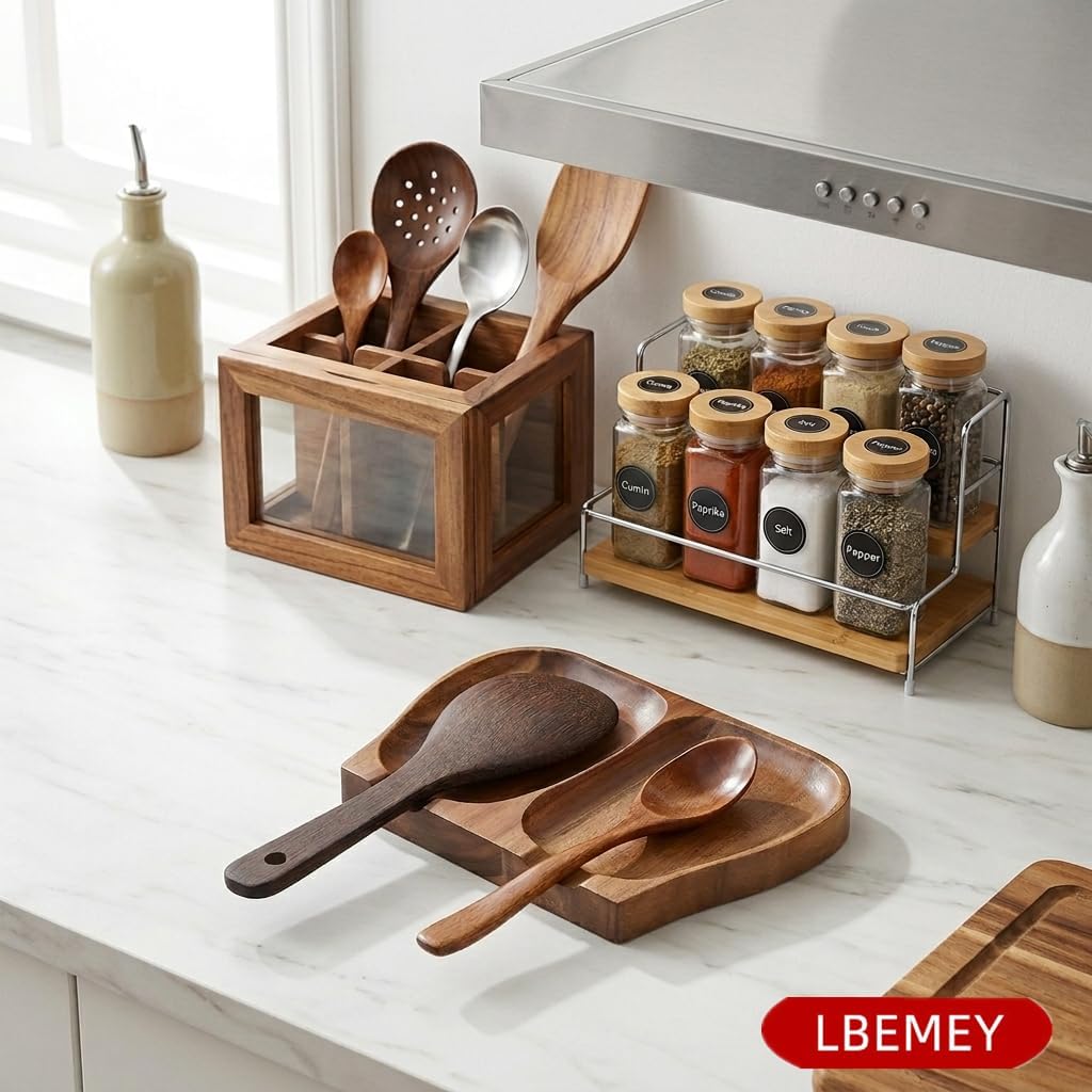 8.5 Inches Acacia Wood Spoon Rest For Stove Top - Smooth Double Wooden Spoon Holder For Kitchen Counter with Non Slip Silicone Feet, Perfect Holder for Spoons (Brown)