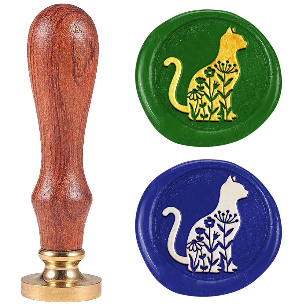DELORIGIN Wildflowers Cat Wax Seal Stamp 1" Vintage Animals Sealing Stamps Removable Brass Head Seal Stamp with Wooden Handle for Envelope Greeting Card Invitations Wine Gift Wrapping