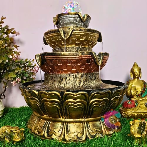 Image of Four Step Table Top Round Decorative Water Fountain for Home Decor /Office /Indoor & Outdoor /Garden /Puja Room /Vaastu (Golden, C-068-02)
