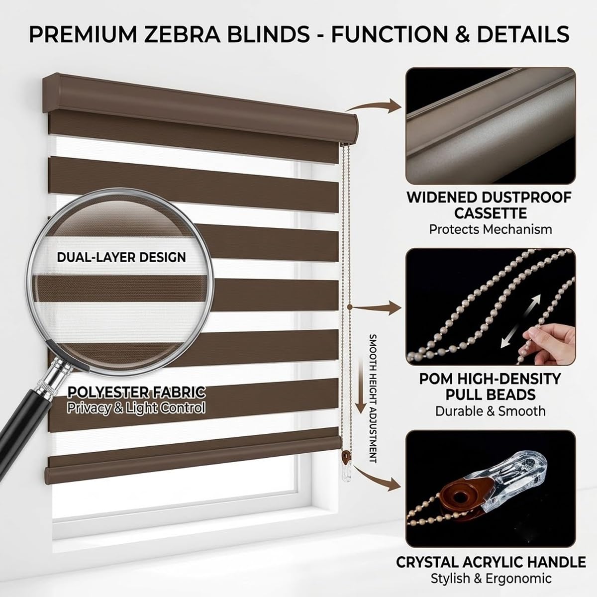 Tenda a Rullo Zebra per Interni con Catenella Laterale, 40-165cm | Tende Giorno e Notte Traslucida Doppio Tessuto, Installazione con Fori per Salotto e Casa(White,65W x 200H cm)