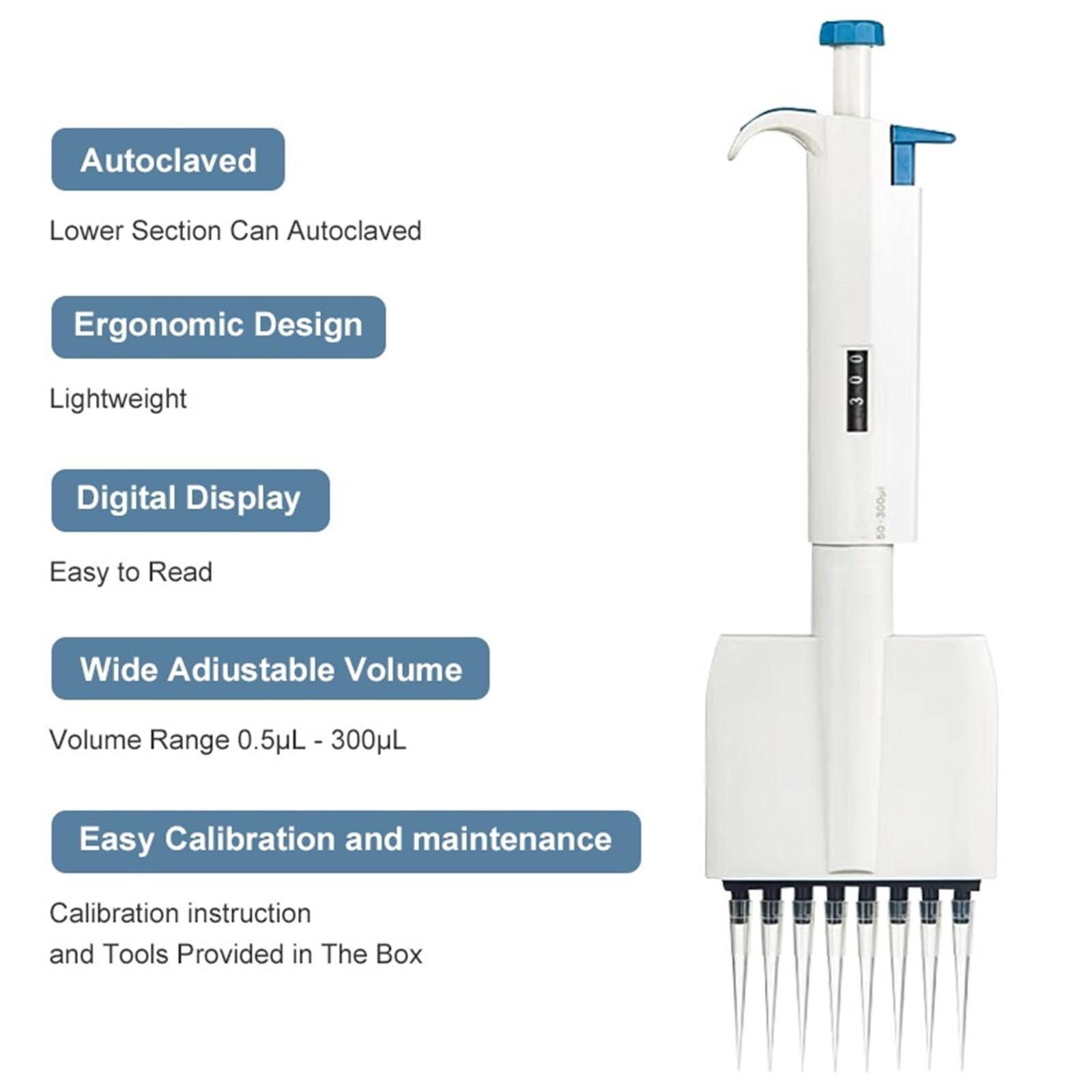 Mikropipette, Mehrkanal-Pipette mit variablem Volumen, 0,5 μl – 300, manuell, digital, einstellbar, 8/12 Kanäle, Mikropipette(8 Channels 50-300ul)