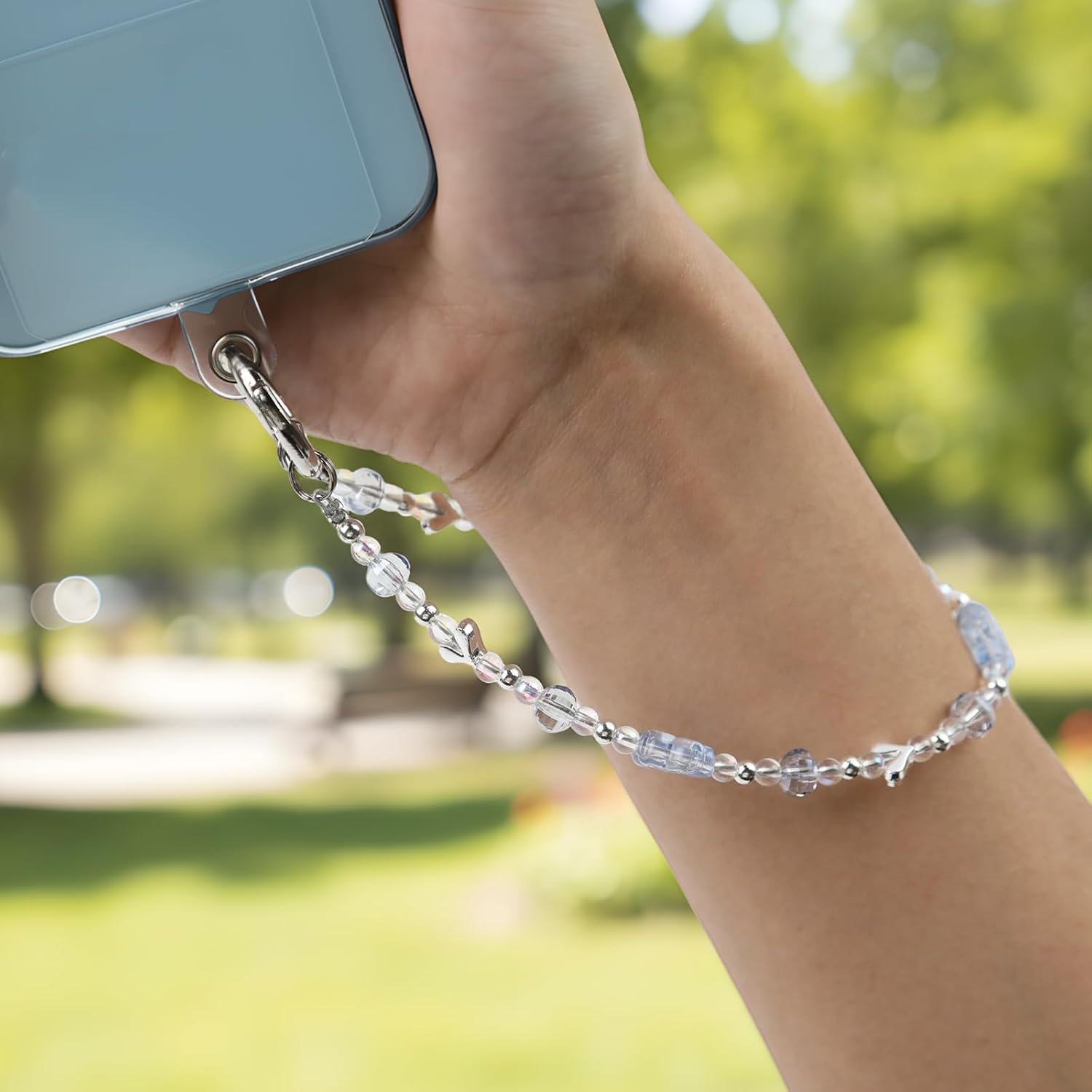 Crystal Phone Chain Charm - Beaded Phones Wrist Strap for Camera Keychain Decor, Lanyard with Tether Tab