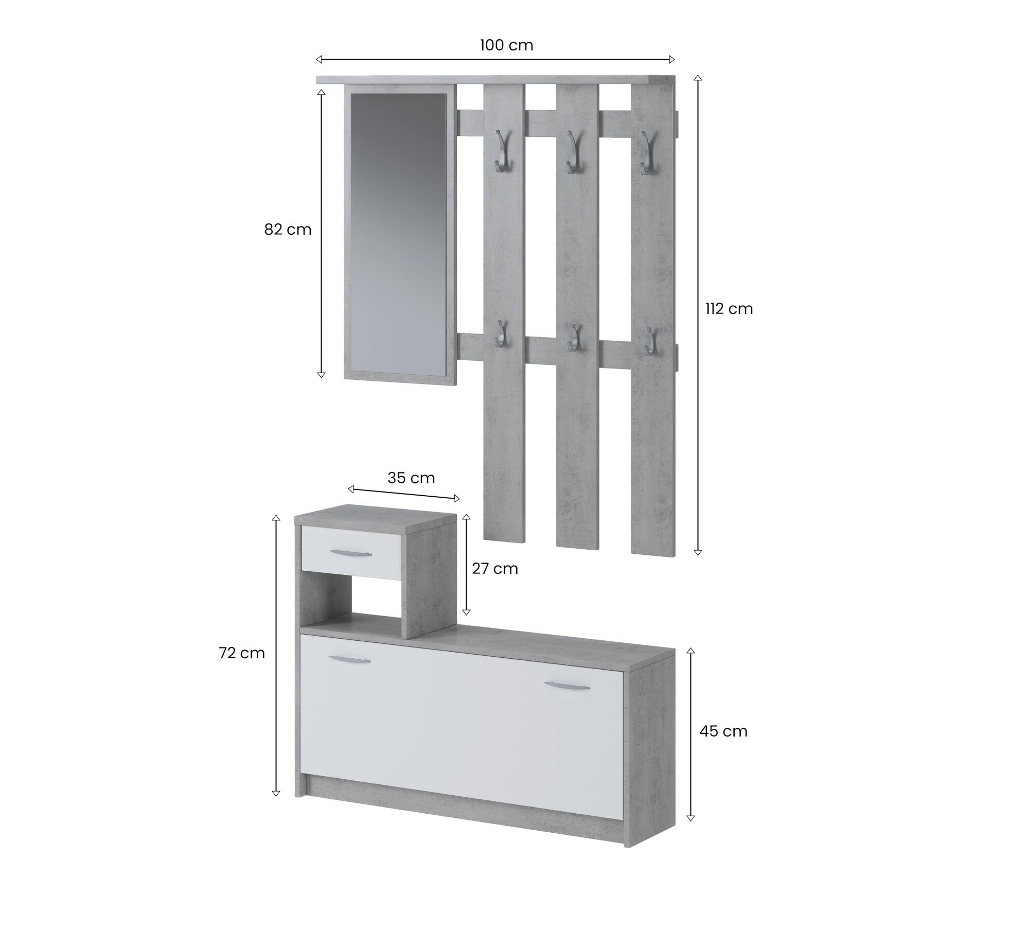 Dmora - Mobile da ingresso con specchiera, entratina per atrio con scarpiera, Svuotatasche per piccoli appartamenti, cm 100x25h180, colore Bianco e Cemento
