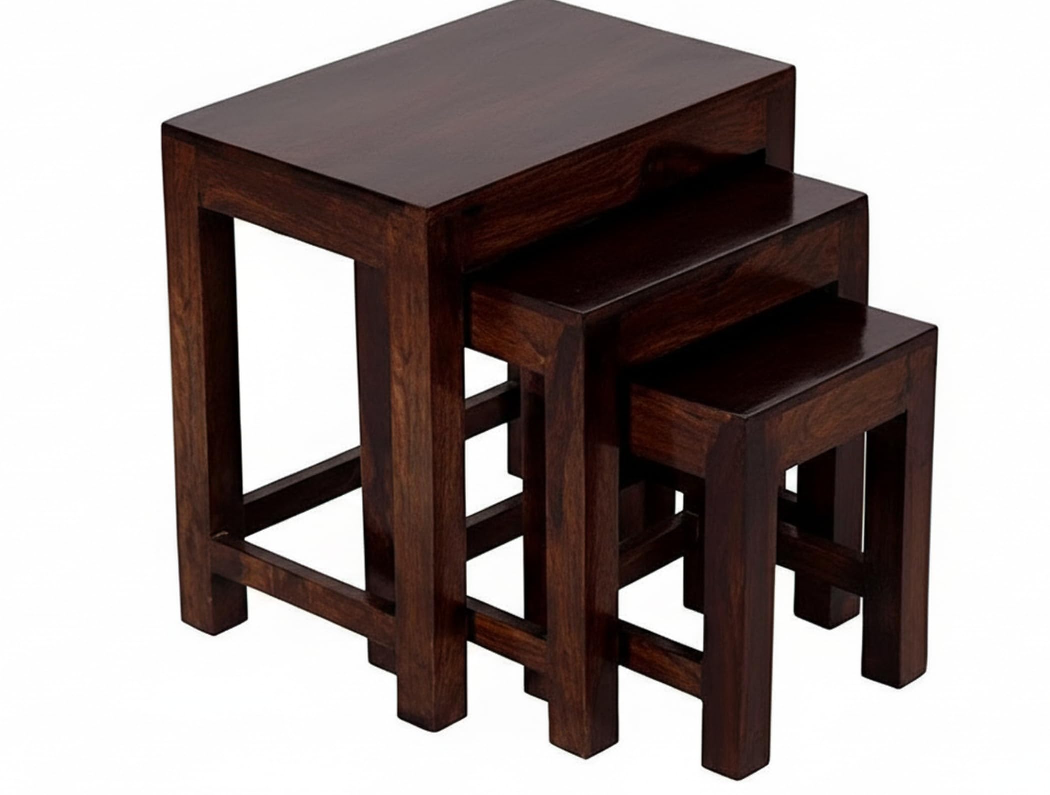 ANUBHAV HANDICRAFTS Solid Sheesham Wood Nesting Table Set of 3 Stools Bedside Table Nightstand Sofa Side Table End Table for Living Room Bedroom Home Office Wooden Furniture (Walnut - Finish)-image-8