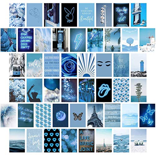 Blue Wall Collage Kit Aesthetic Pictures, Bedroom Decor for Teen Girls, Wall Collage Kit, Collage Kit for Wall Aesthetic, VSCO Girls Bedroom Decor, Aesthetic Posters, Collage Kit (50 PCS 4x6 inch)