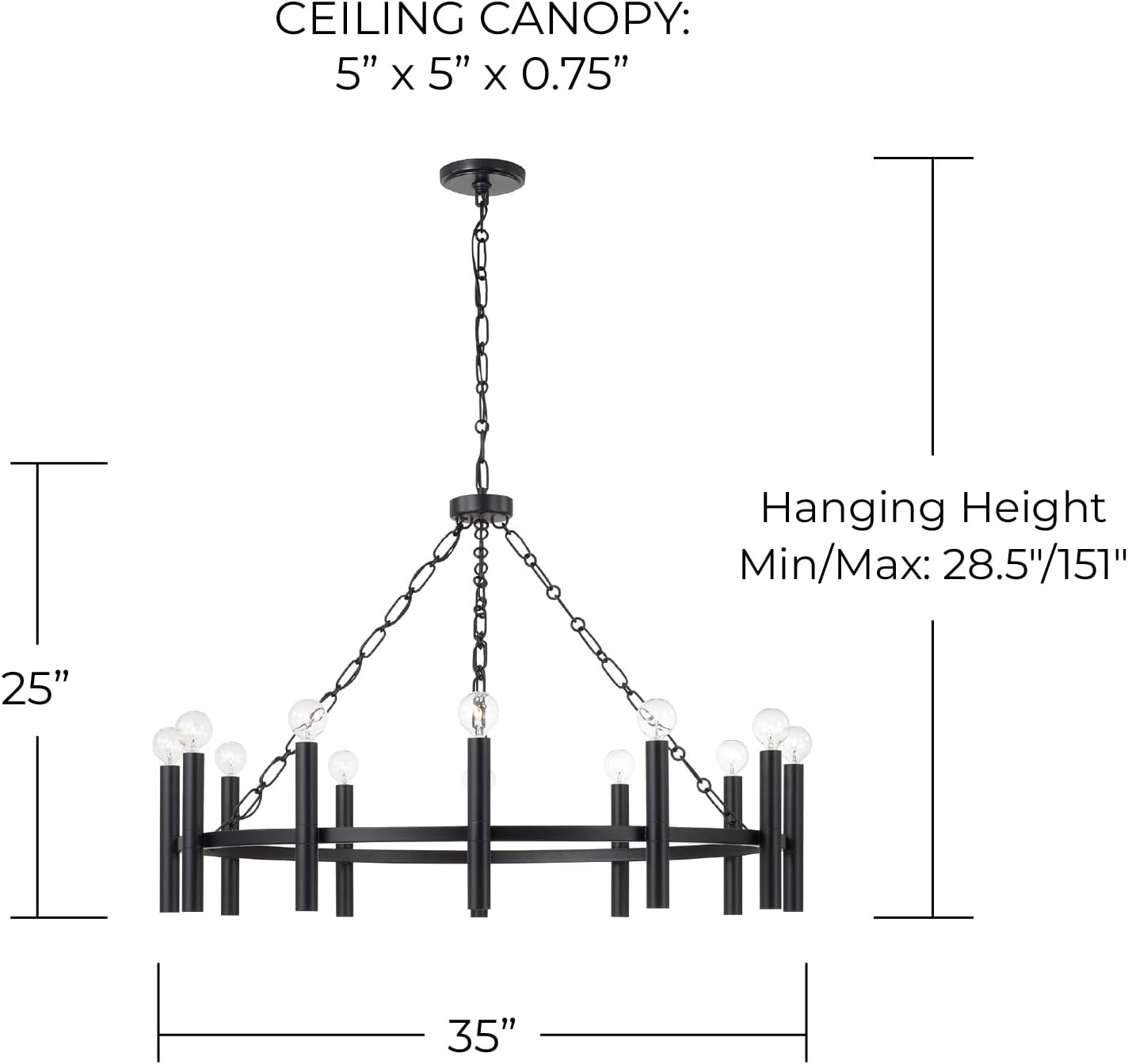 Capital Lighting 462001MB Winton Classic Ring Candle Chandelier, 12-Light 720 Total Watts, 25" H x 35" W, Matte Black