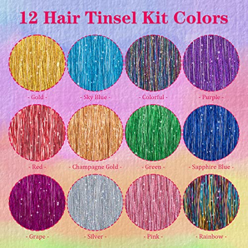 Uptoup 46 Inch Hair Tinsel With Tools 12 Colors 2000 Strands Hair Tinsel Kit Glitter Hair Extensions Sparkling Shiny Hair Extensions Silk Fairy Hair Tinsel Strands Kit Hair (46 Inch, 12 Colors) #TOP2
