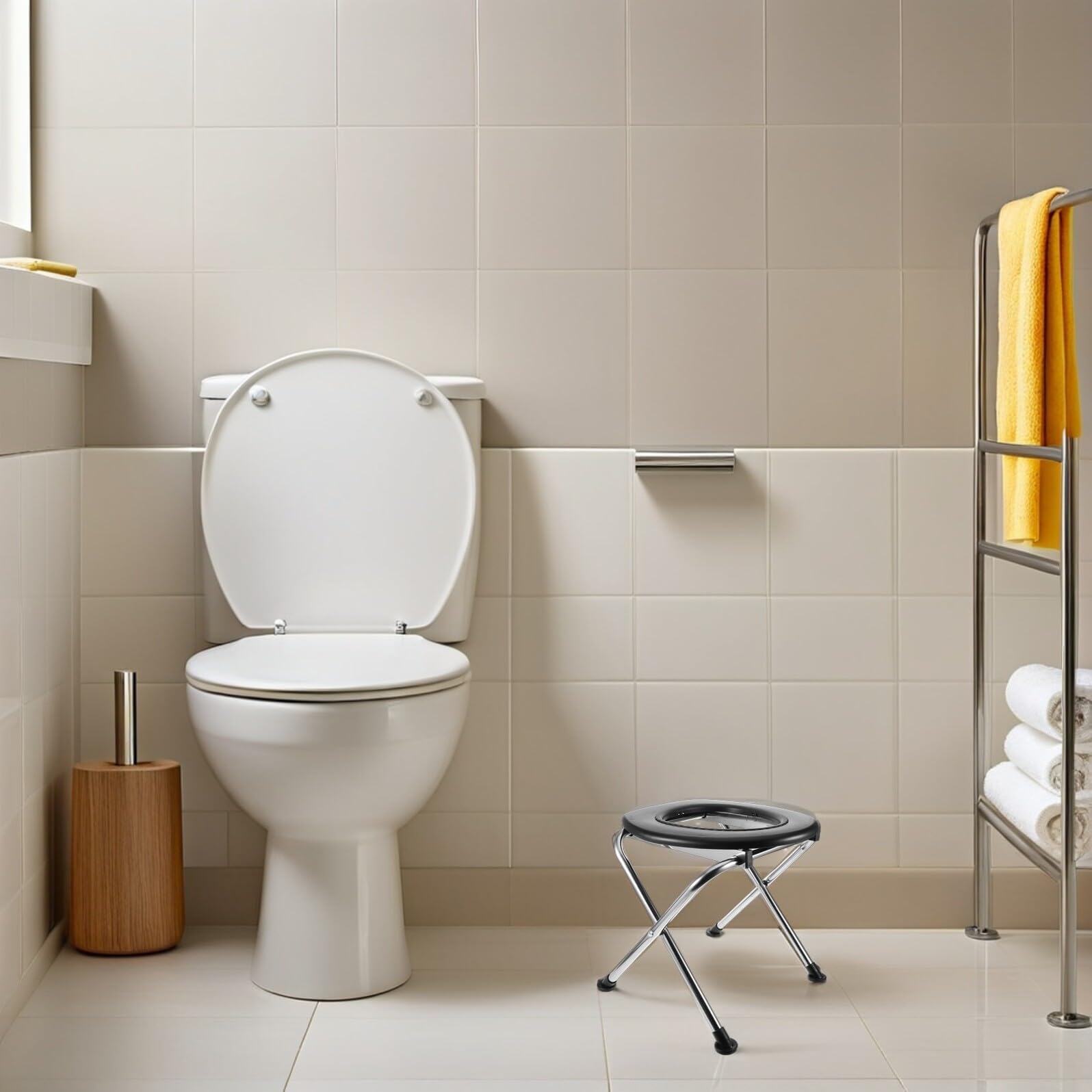Sedia Wc Pieghevole Portatile con Sedile Imbottito in Acciaio Inox e Plastica e Struttura Resistente, per Campeggio, Auto e Persone con Mobilità Ridotta