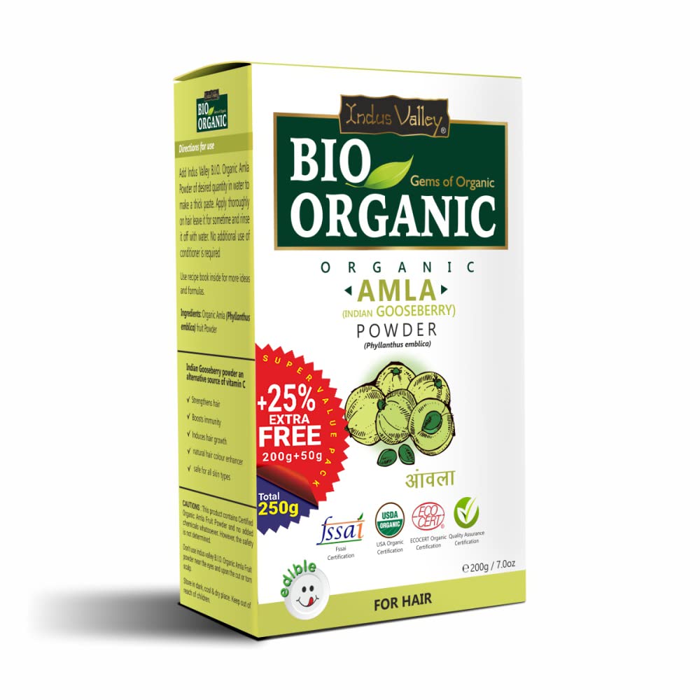 INDUS VALLEY 100% Bio Organic Amla Powder (Indian Gooseberry Powder) Phyllanthus emblica | Natural & Fresh For Healthy Hair - 200 gm