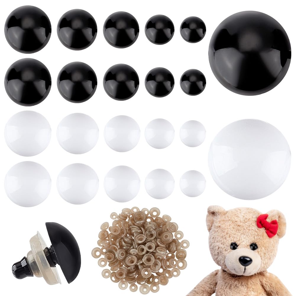 PH PandaHall 192 Sets Safety Eyes Black White Crochet Eyes 10/12/14/16/18mm Craft Eyes Half Round Animal Eyes with Washers for DIY Amigurumi Puppets Bear Crafts Stuffed Animals Making