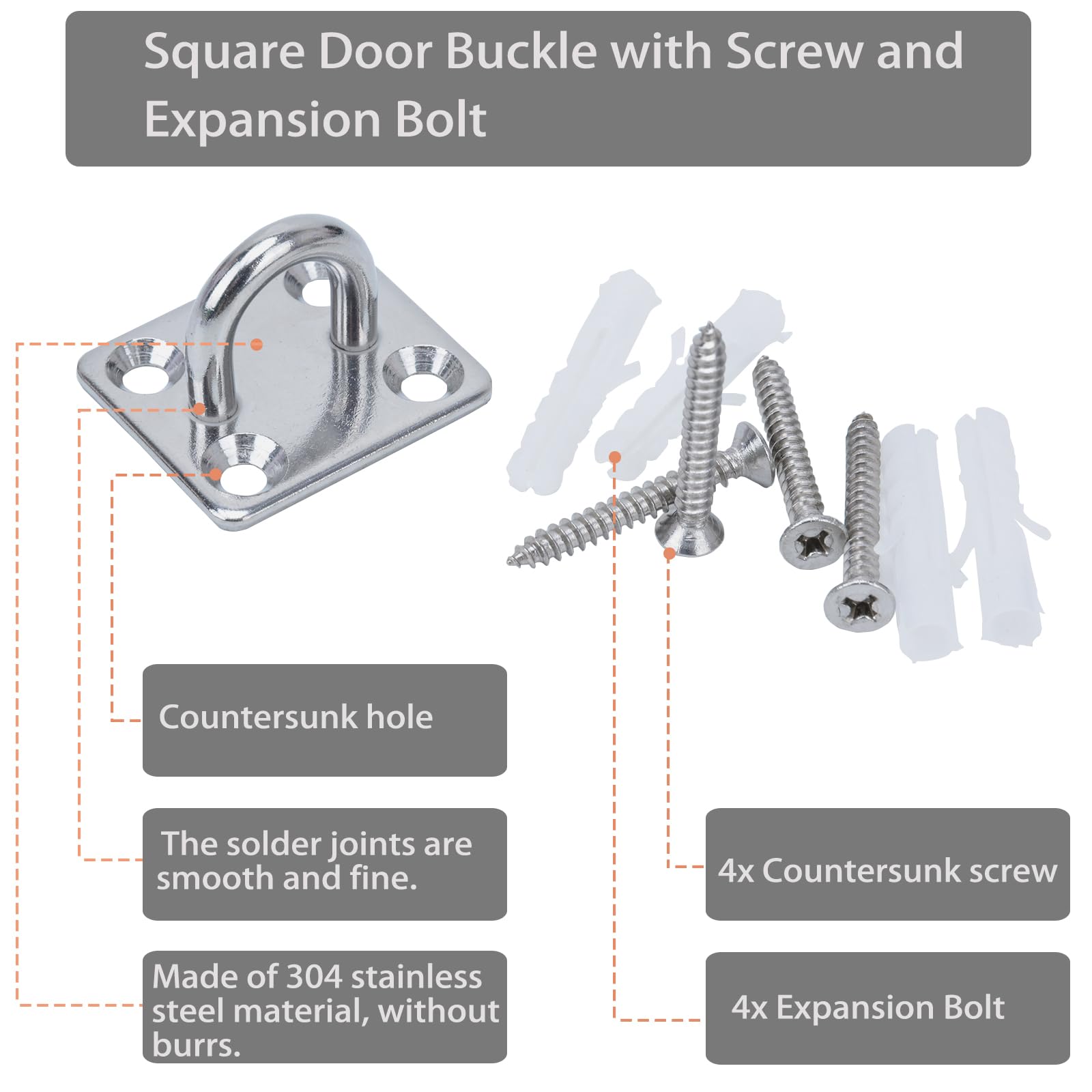 Meijeegu Pack of 3 M5 304 Stainless Steel Eye Plate Eyelets Square Ring Silver Ceiling Hooks with Screws and Expansion Tube for Yoga Rope Hammock Suspension Training Straps etc - Image 2