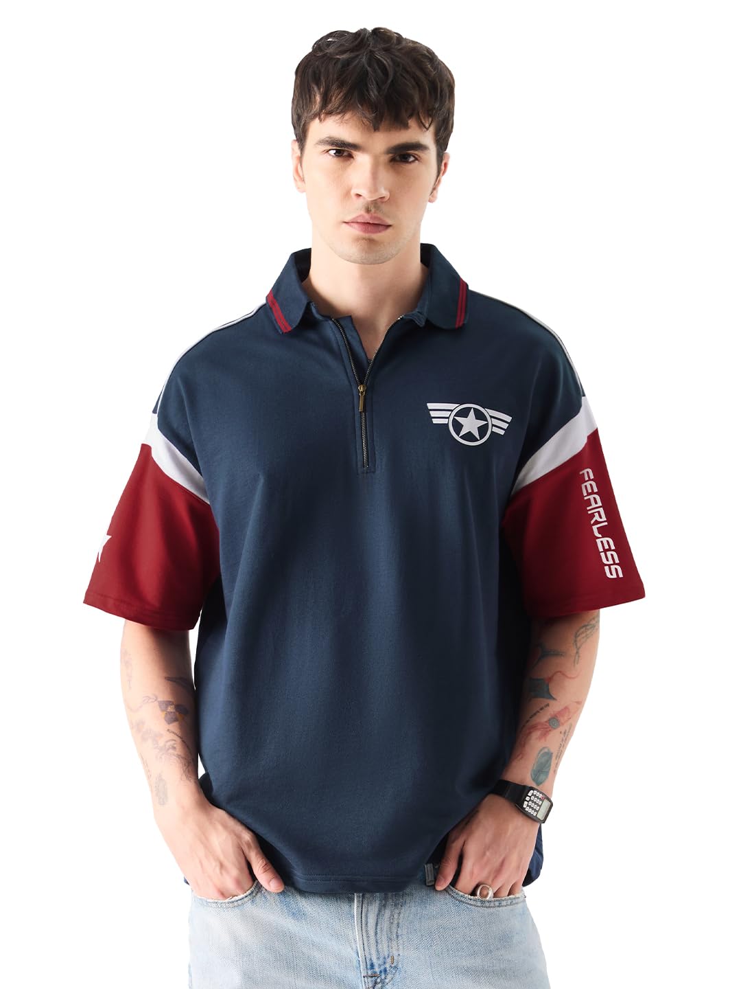 The Souled Store Captain America: Super Soldier Mens Oversized Fit Graphic Printed Half Sleeve Cotton Multicolored Oversized Polos