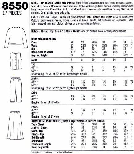 Patron Simplicity 8550 ensemble fille veste et jupe tailles 12-16