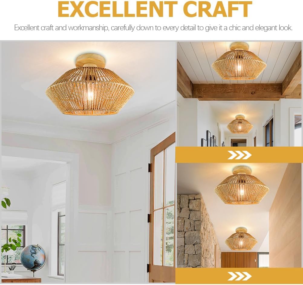 ibasenice Rattan Flush Mount Ceiling Light 12.5 Inch Straw Rope Weaving Led Ceiling Lamp for Living Room Bedroom Kitchen Rustic Decorative Lighting Fixture