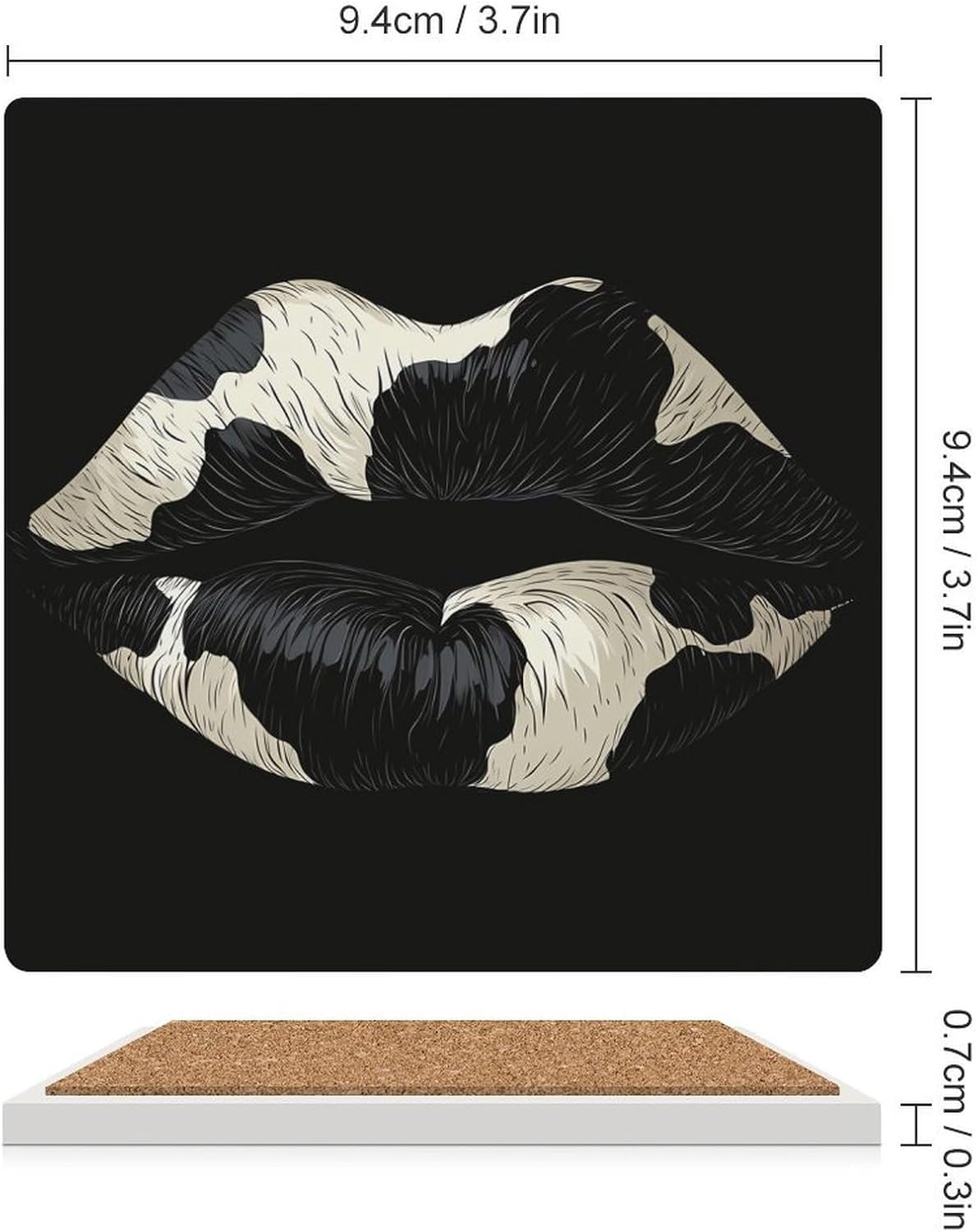 Black White Kiss Lips Ceramic Coasters Set Square Drink Coasters Table Coaster for Kitchen Desktop Decor