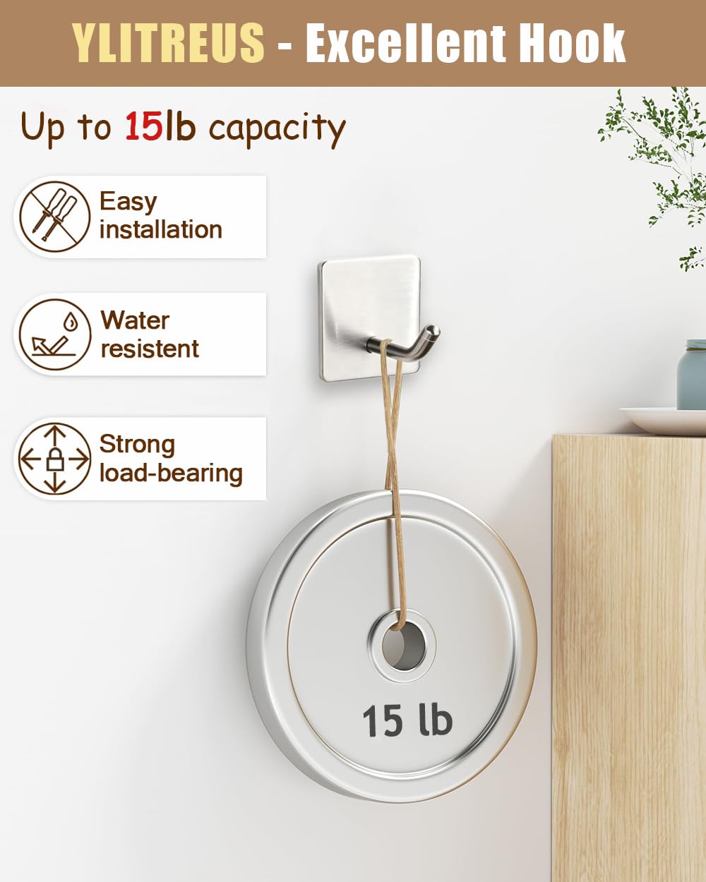 YLITREUS Ganci Adesivi da Parete 8 Pezzi Argento - Ganci Autoadesivi in Acciaio Inox per Bagno, Cucina e Ufficio, Gancio per Asciugamani e Accappatoi Senza Foratura