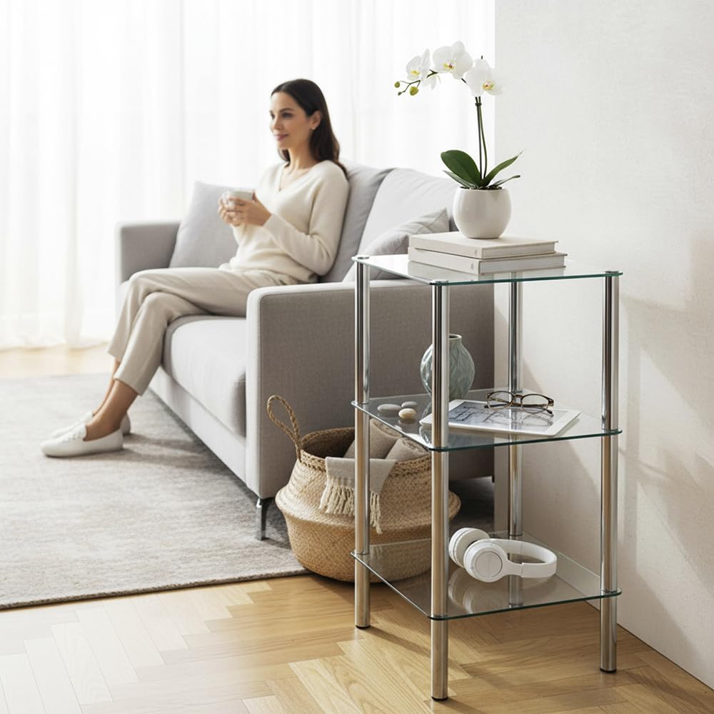 HAKU étagère chromé, métal, Verre trempé - Dim.: L 39 cm x H 77 cm x P 39 cm, Style: Modern