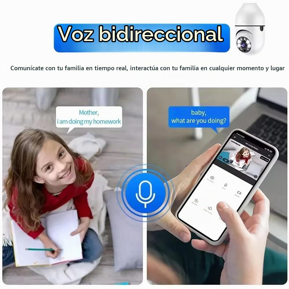 2 Piezas Cámara de Bombilla, Cámara IP con Bombilla E27 Cámaras PTZ 360 Grados Camara WiFi Exterior Visión Nocturna en Color + Detección de Movimiento + Audio Bidireccional